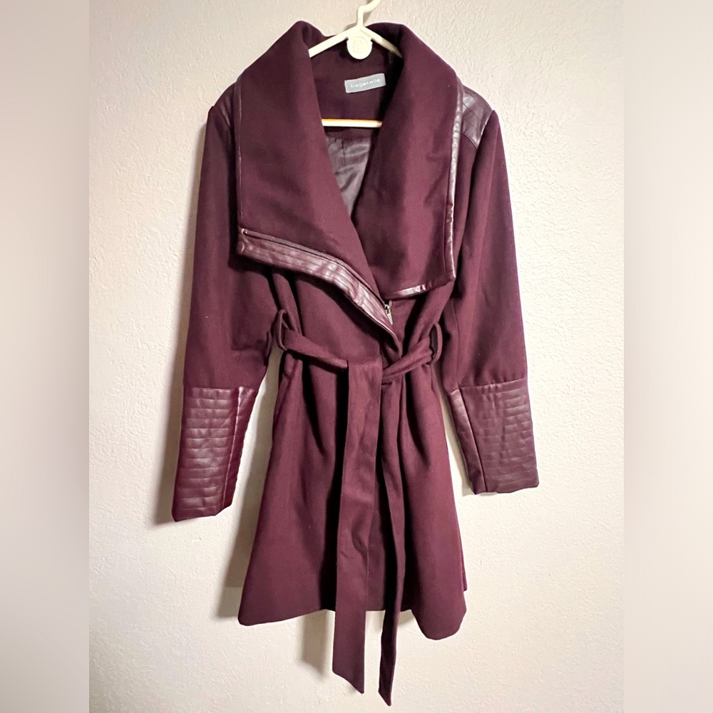 Women’s Bagatelle long winter coat maroon with faux leather trim accents